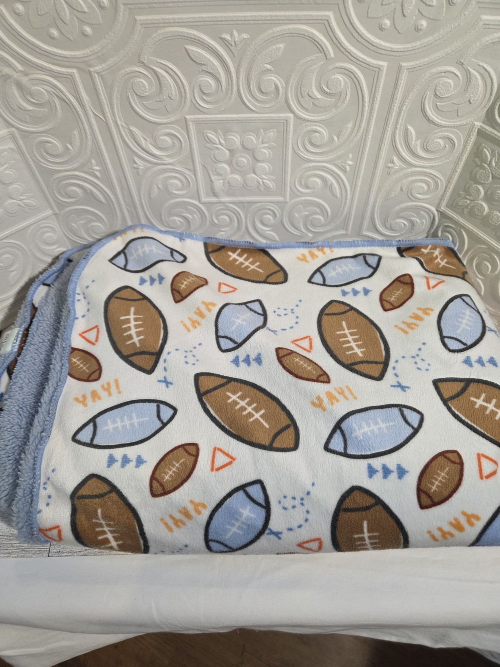 Chick Pea Plush Light Blue Baby Blanket With Footballs Print 30×40